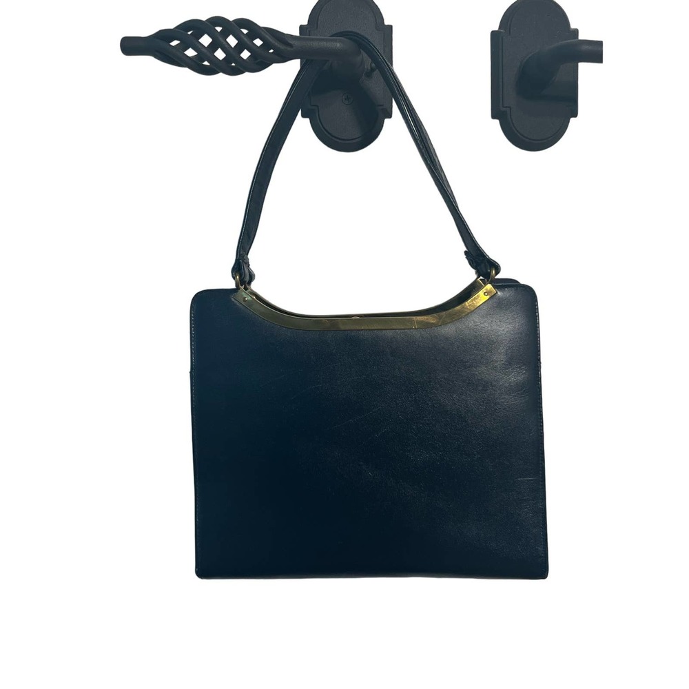 Vintage Block leather navy blue 1950's Mid-Century handbag- with gold metal trim